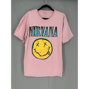 Nirvana Shirt Womens Small Pink Graphic Tee Music Band Oversized Grunge